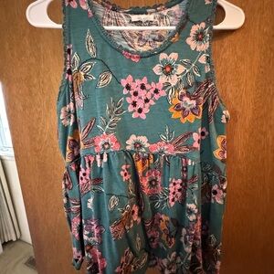 Maurices Teal Floral Tank Top with Pink and Mustard Accents